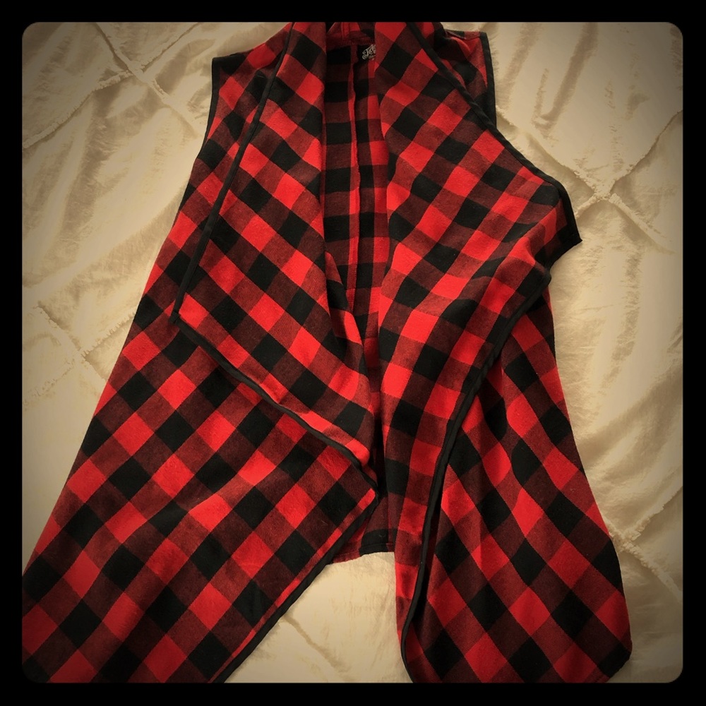 Long buffalo plaid vest with cowl neck